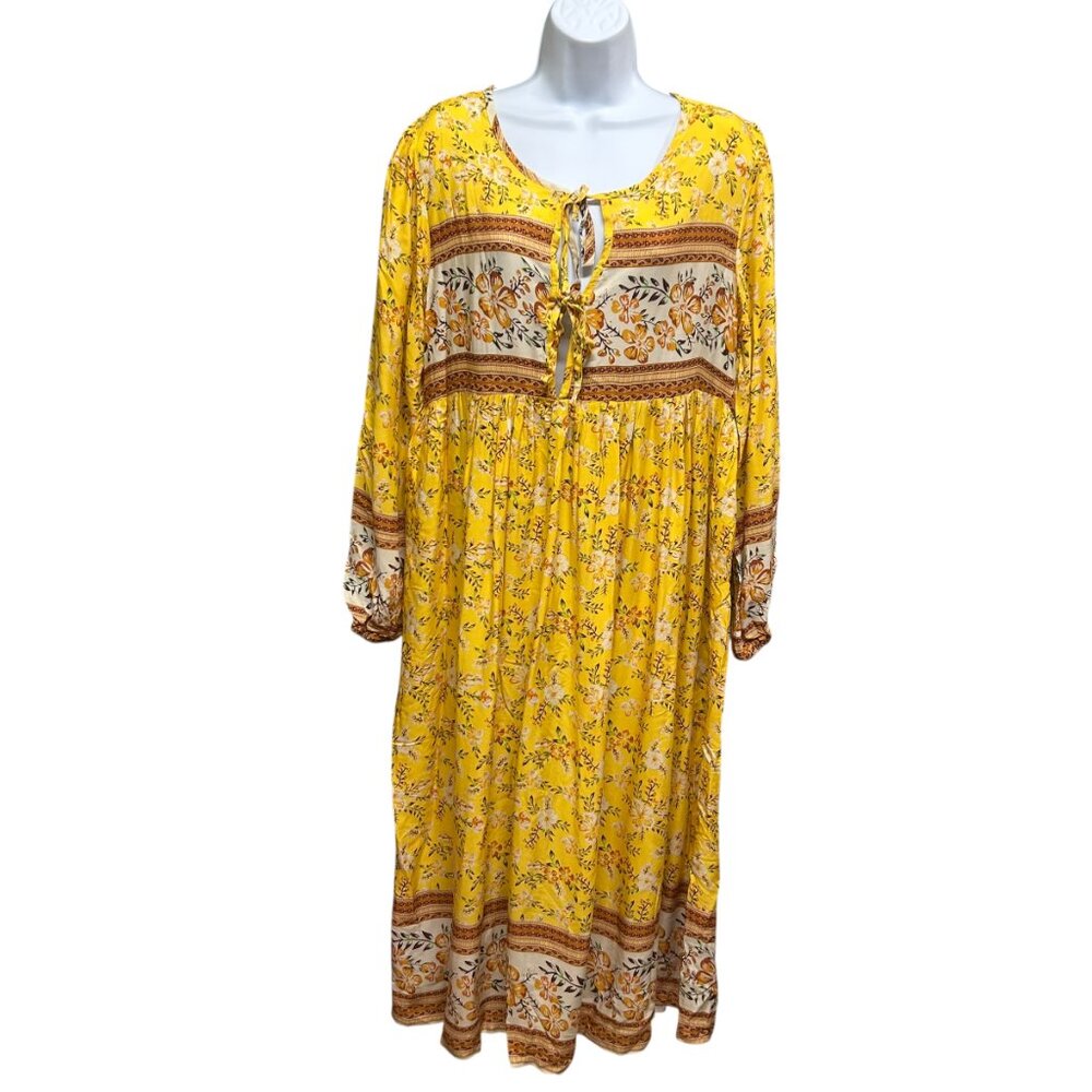 Cherie Bliss Tie Front Bohemian Yellow Floral Midi Dress Size S